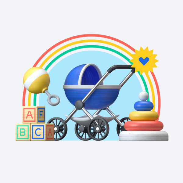 A custom goal cover image with a blue stroller at the center, a children's maraca and blocks on the left, and a toy on the right. There is a rainbow in the background behind these objects.